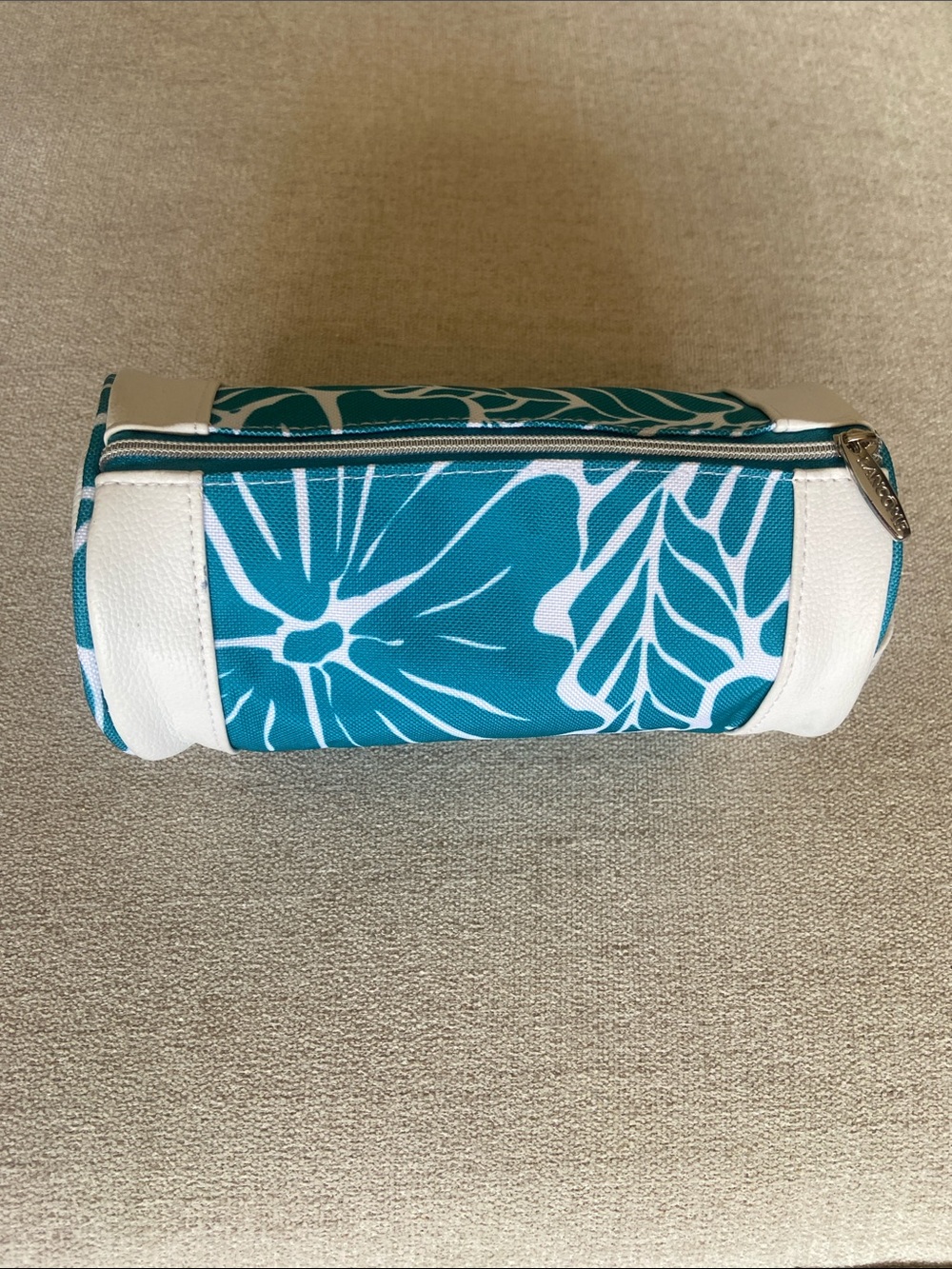 Lancôme Teal and White Floral Tubular Zip Pouch. New, Never used.